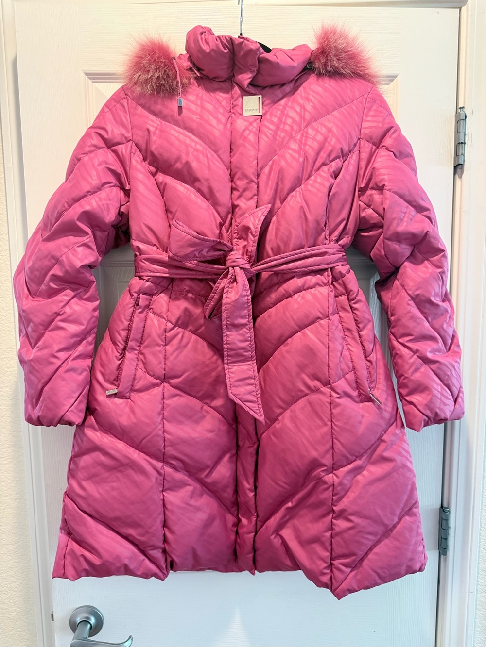 Balmain Hot Pink Quilted Belted Puffer Coat with Faux Fur Trim